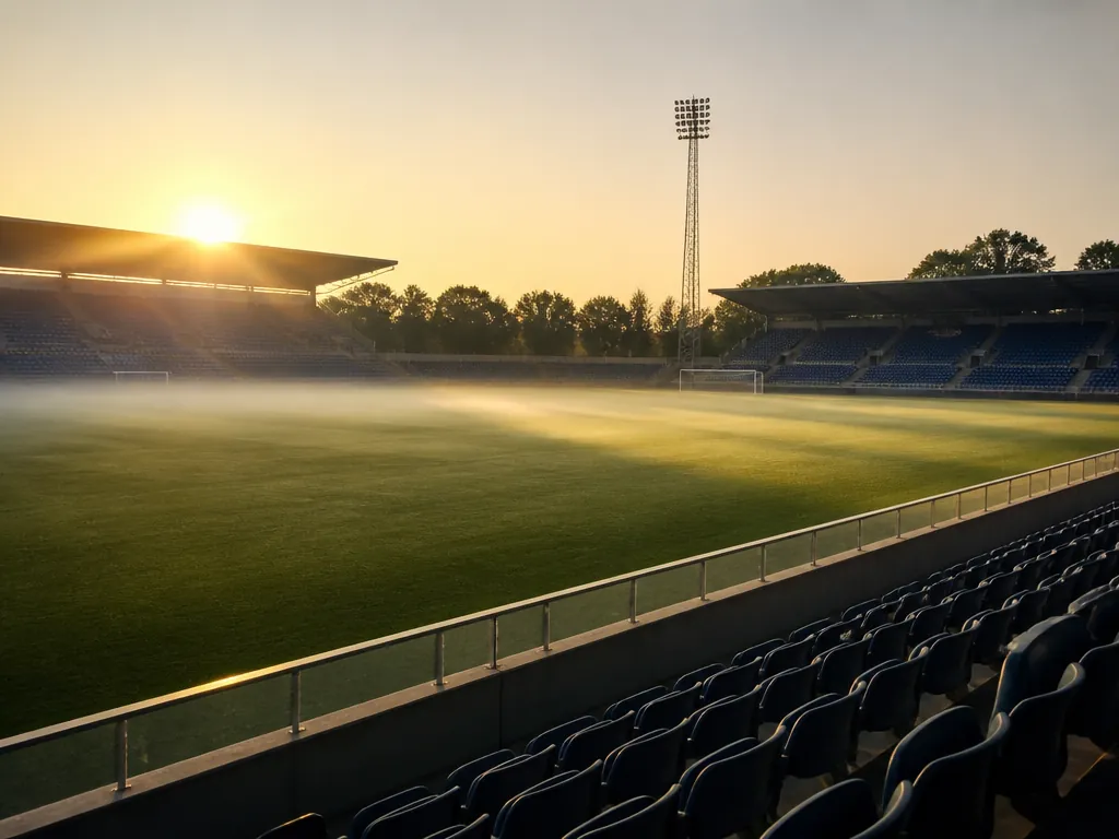 Tom fotbollsarena fotograferad i morgonljus.