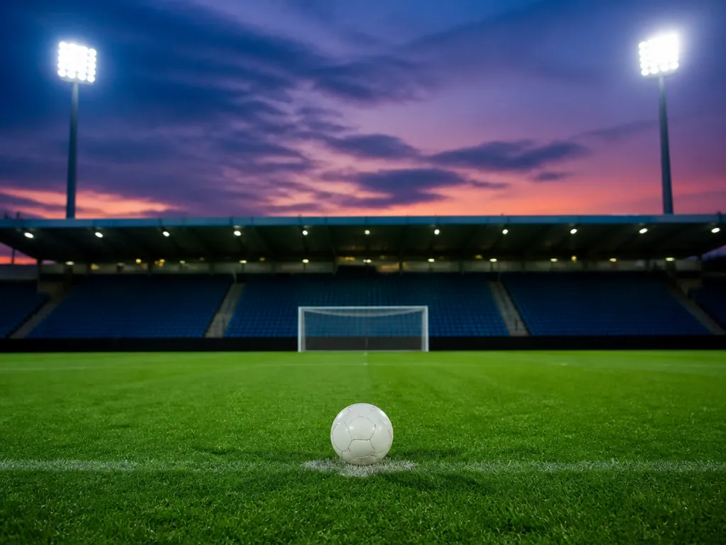 Fotbollsplan fotograferad i kvällsljus.