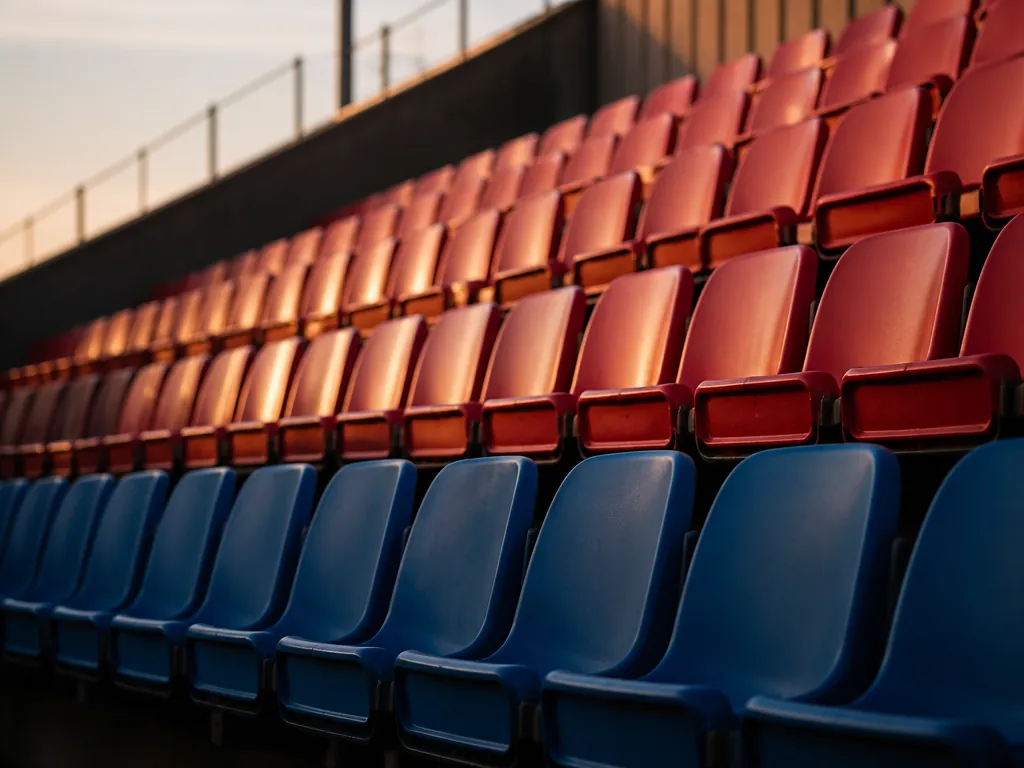 Röda och blå läktarstolar på en tom arena